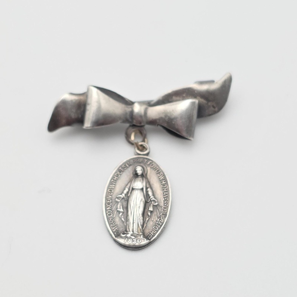 Vtg Blessed Virgin Mary Brooch Pin 925 Sterling Silver Miraculous Medal Catholic